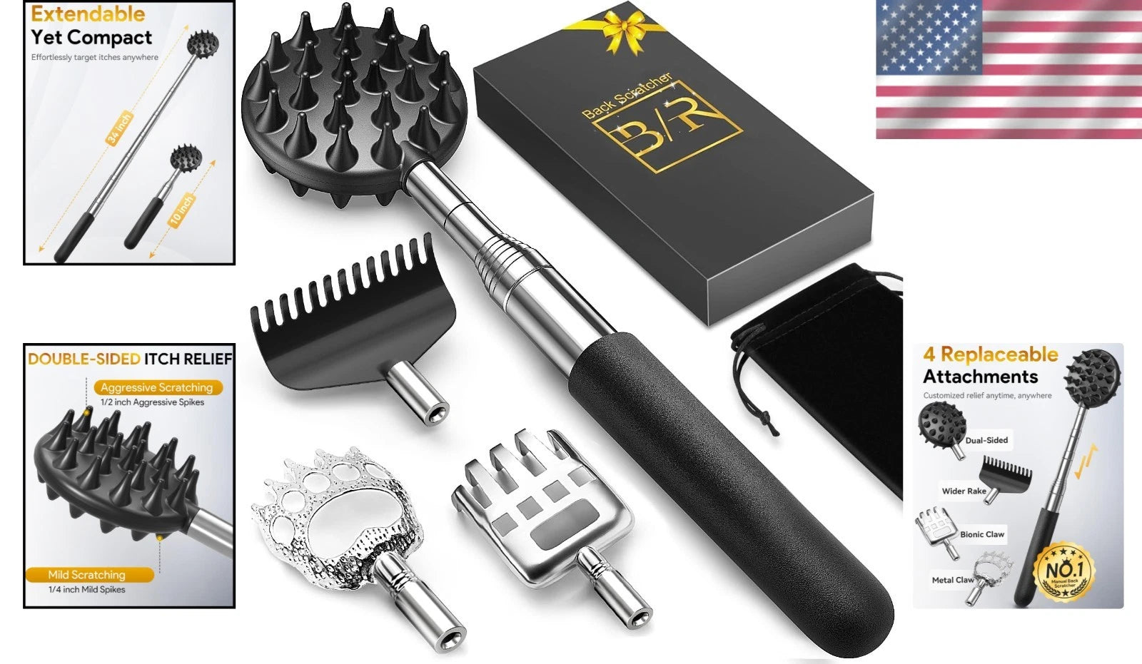 Versatile Telescoping Back Scratcher - 4 Heads for Ultimate Relaxation & Gifting