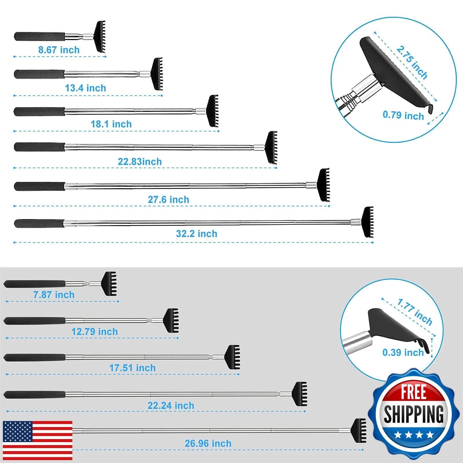 Oversized Back Scratcher Set, 2 Pack Portable Extendable Stainless Steel Tele
