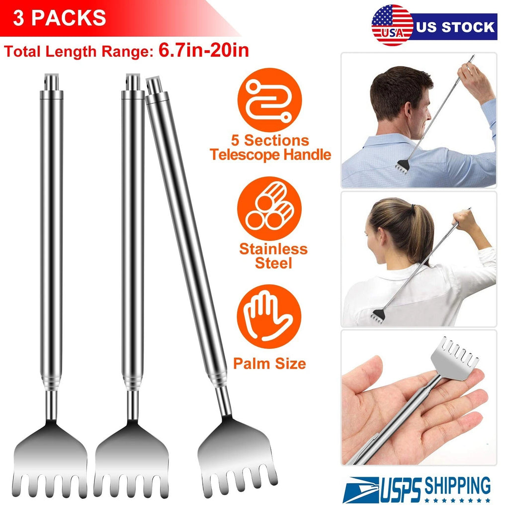 New 20" Telescopic Back Scratcher Stainless Steel Bear Eagle Claw Massager 3pcs