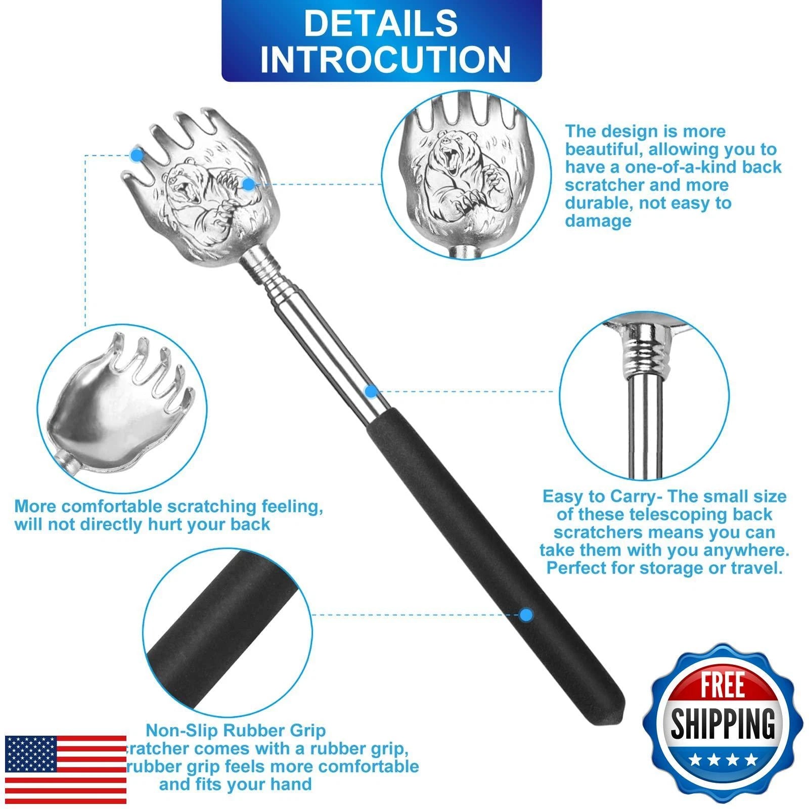 Oversized Back Scratcher Set, 2 Pack Portable Extendable Stainless Steel Tele