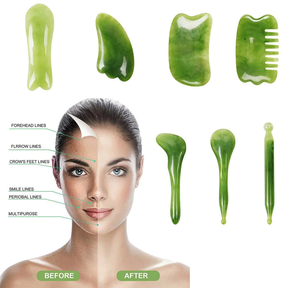 7PCS Jade Gua Sha Board Beauty Facial Roller Set Natural Face Neck Massager Tool