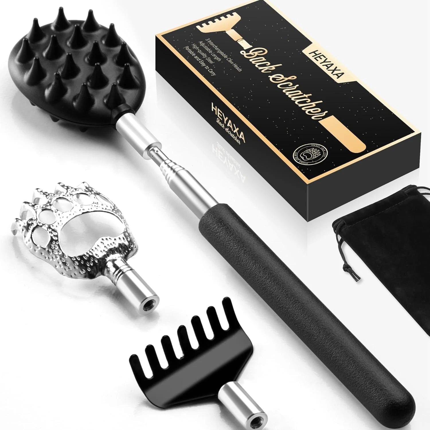 Telescoping Back Scratcher with 3Pcs Detachable Heads, Ink Black