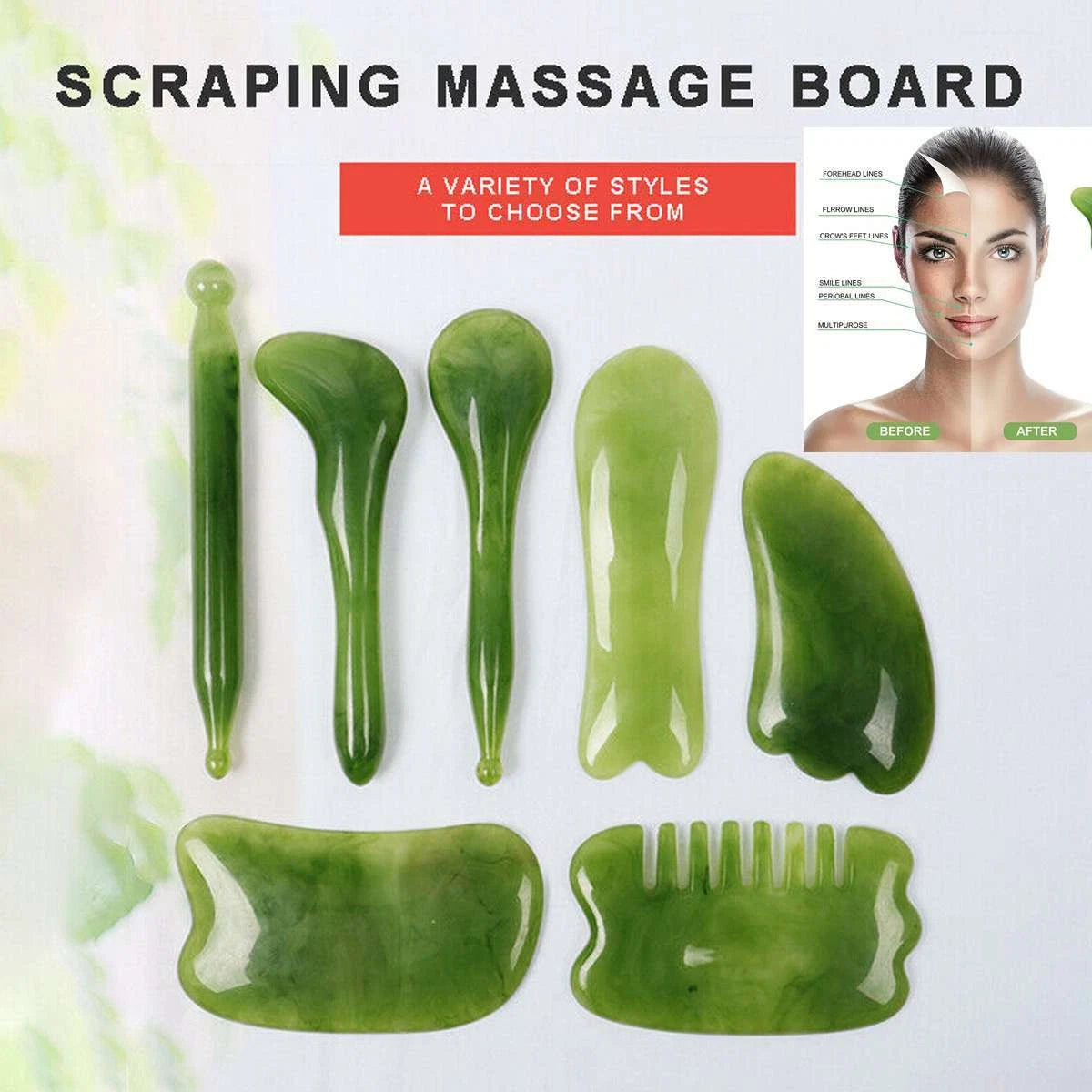 7PCS Jade Gua Sha Board Beauty Facial Roller Set Natural Face Neck Massager Tool