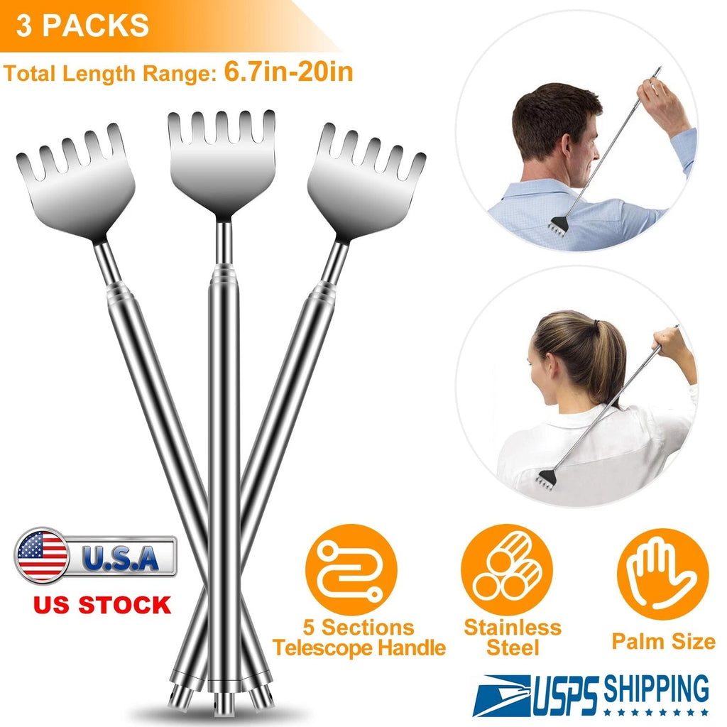 New 20" Telescopic Back Scratcher Stainless Steel Bear Eagle Claw Massager 3pcs