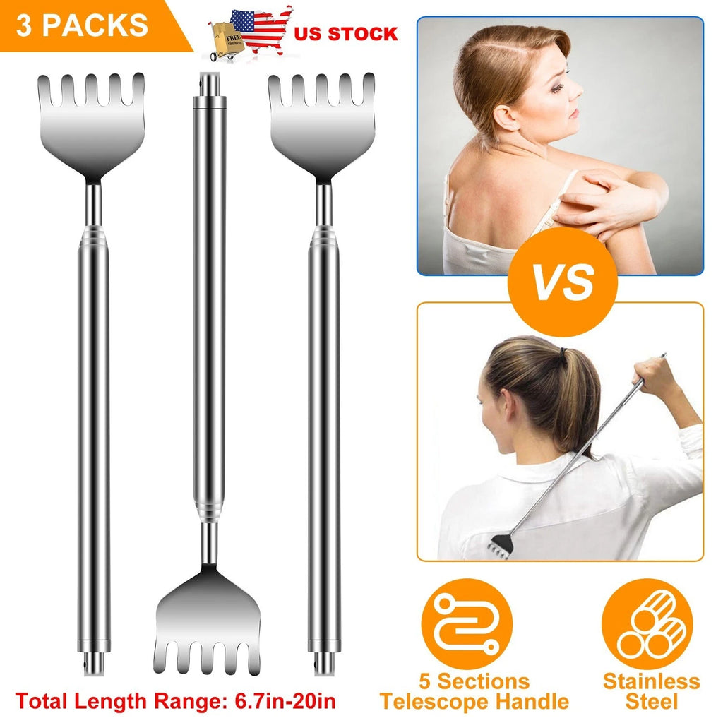 New 20" Telescopic Back Scratcher Stainless Steel Bear Eagle Claw Massager 3pcs