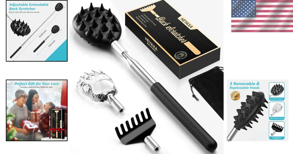 Adjustable Back Scratcher with 3 Heads - Ideal for Christmas Stocking Stuffers