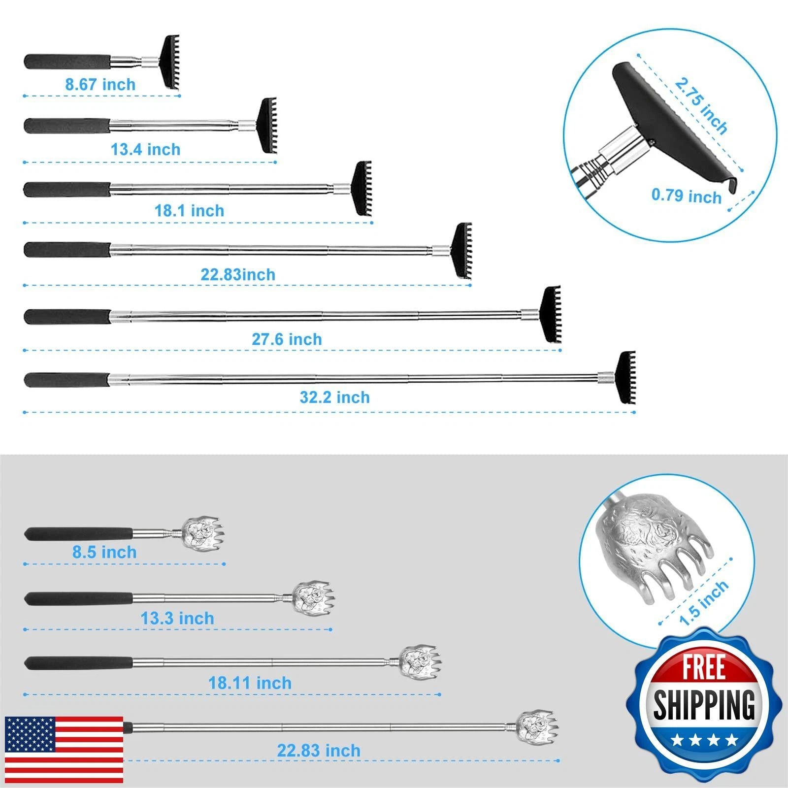 Oversized Back Scratcher Set, 2 Pack Portable Extendable Stainless Steel Tele