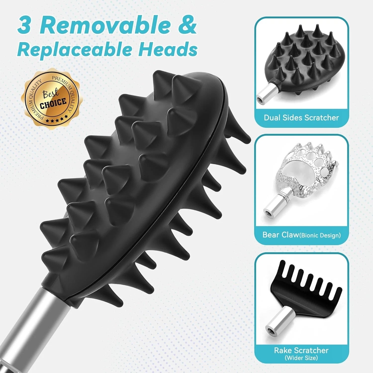 Telescoping Back Scratcher with 3Pcs Detachable Heads, Ink Black