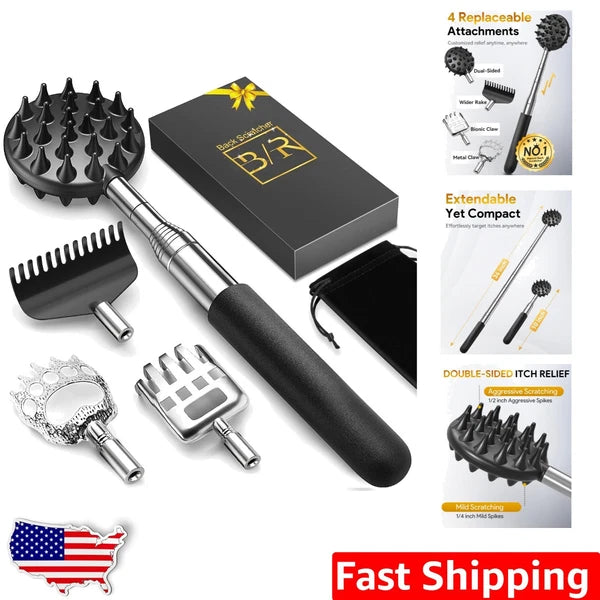 Versatile Telescoping Back Scratcher - 4 Heads for Ultimate Relaxation & Gifting