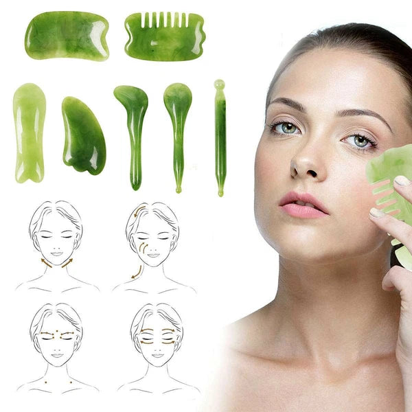 7PCS Jade Gua Sha Board Beauty Facial Roller Set Natural Face Neck Massager Tool