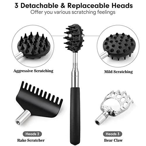 Portable Telescoping Back Scratcher with 3 Detachable Scratching Heads